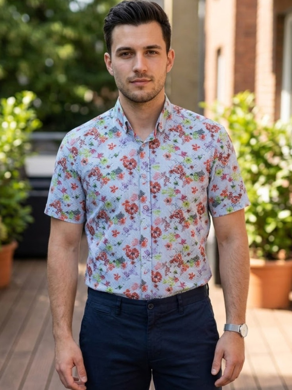 Horst Men’s L Floral Check Colourful Short Sleeve Button Down Shirt